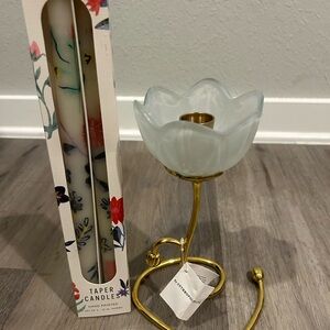 Anthropologie Floral Taper Candles and Petunia Floral Gold Taper Candle Holder